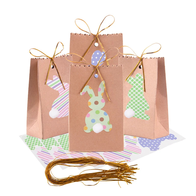 8pcs Easter Bunny Gift Bags Rabbit Kraft paper Treat Bags Easter Party Favors Cookie Candy Gift Packaging bag Easter Party decor