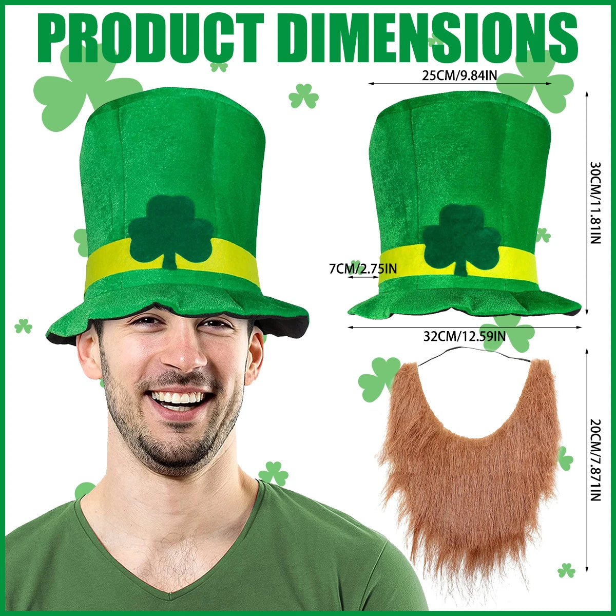 Saint Patricks Day Top Hat Holiday Fake Beard Green Celebration Costume for Irish Festival Birthday Party Decor Supplies