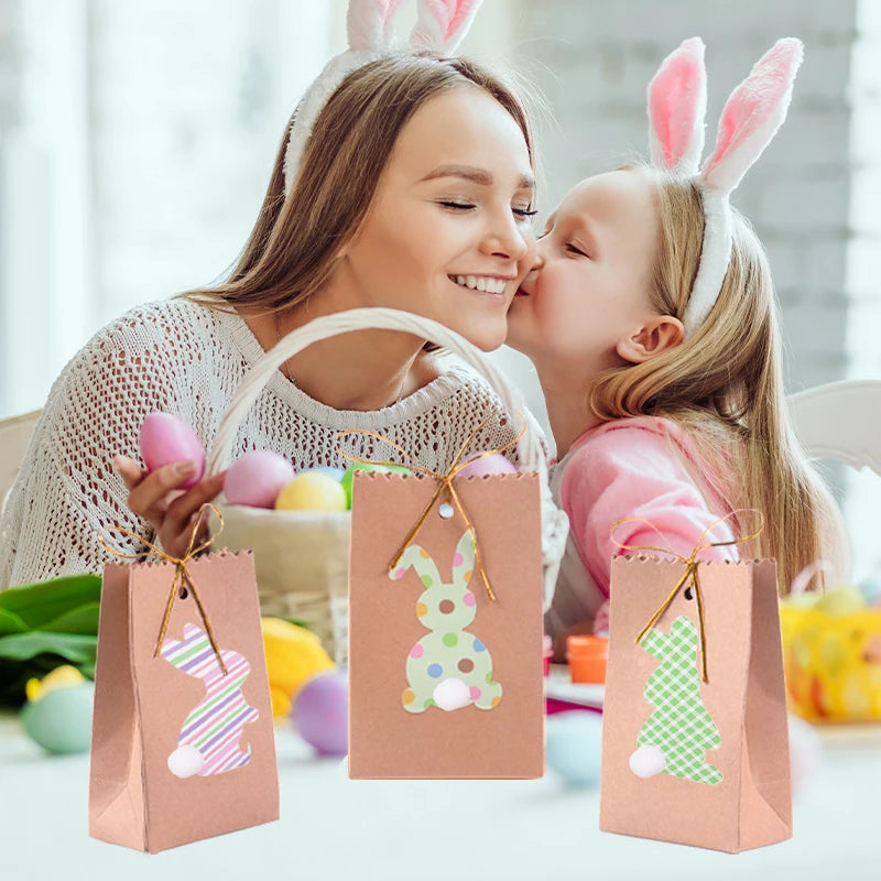 8pcs Easter Bunny Gift Bags Rabbit Kraft paper Treat Bags Easter Party Favors Cookie Candy Gift Packaging bag Easter Party decor