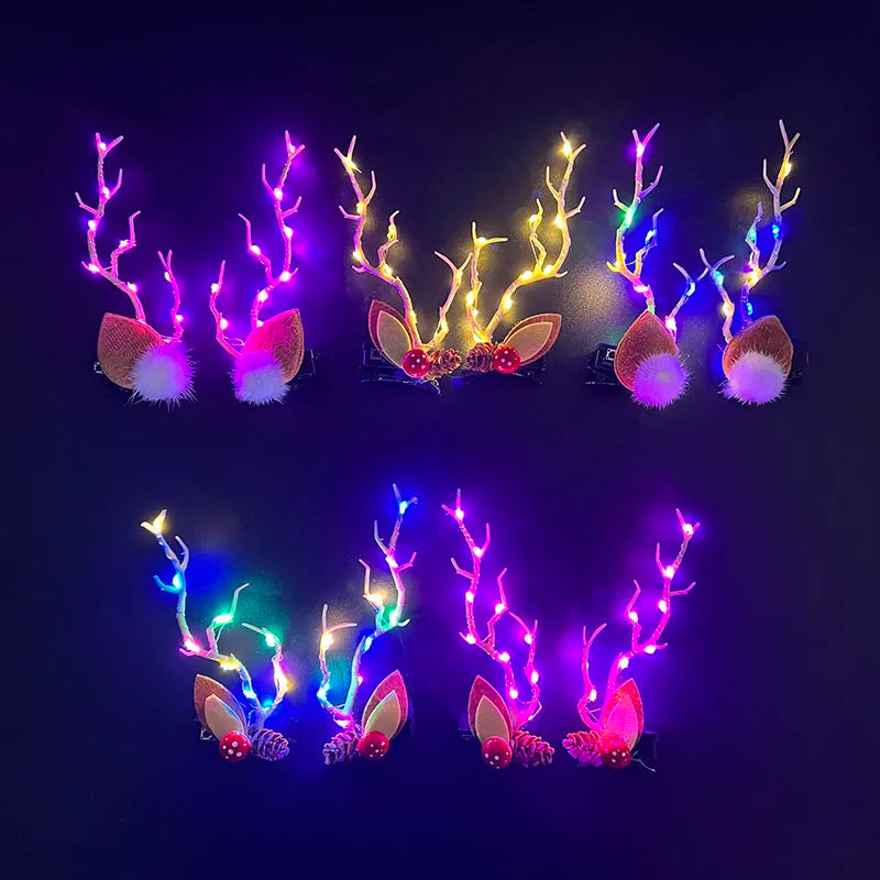 Cristmas LED Light Antler Hair Clip Women Girl Glowing Antler Elk Ear Horn Headwear Hair Accessories Christmas New Year Decor 7z